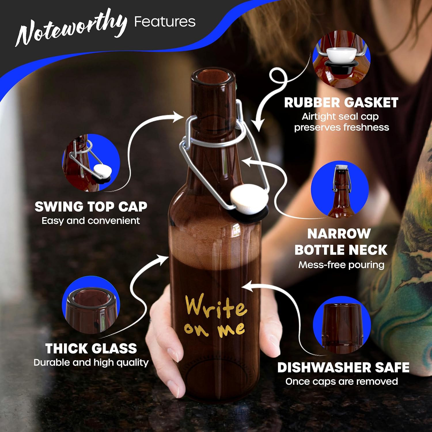 Nevlers Swing Top Glass Bottles 16oz | Empty Beer Bottles for Home Brewing | 12 Pack Amber Resealable Flip Top Glass Bottle Set for Fermentation or General Storage | Durable Kombucha Bottle Bottling Kit 12 Pack 16 Ounce